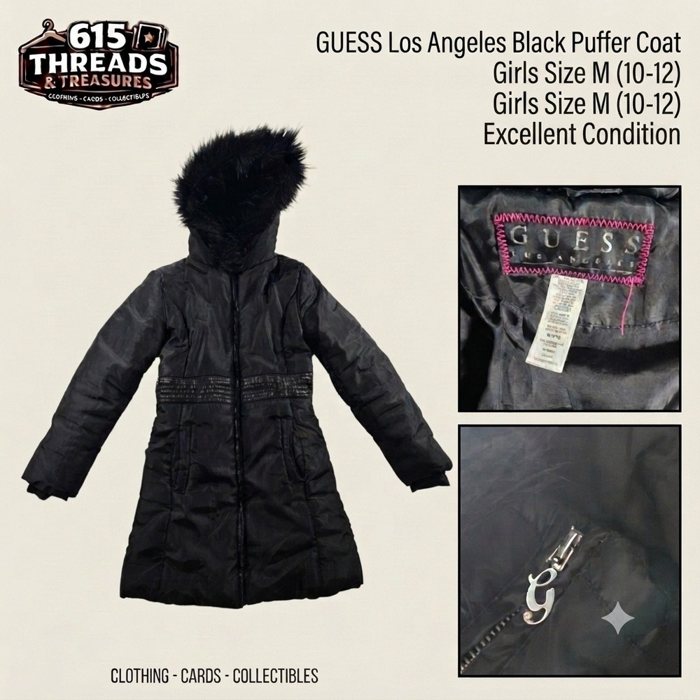 GUESS Black Winter Puffer Coat Jacket Faux Fur Hood Size M 10-12 Long Outerwear